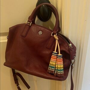 Tory Burch Burgundy Leather Satchel with Multicolor Tassel